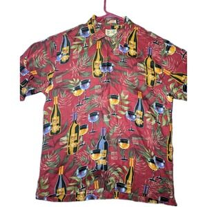 Reyn Spooner Mens Small Wine Bottle Print 100% Linen Hawaiian Shirt Red Regency